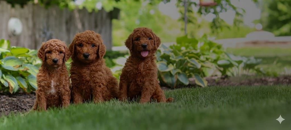 Golden puppies in the grass